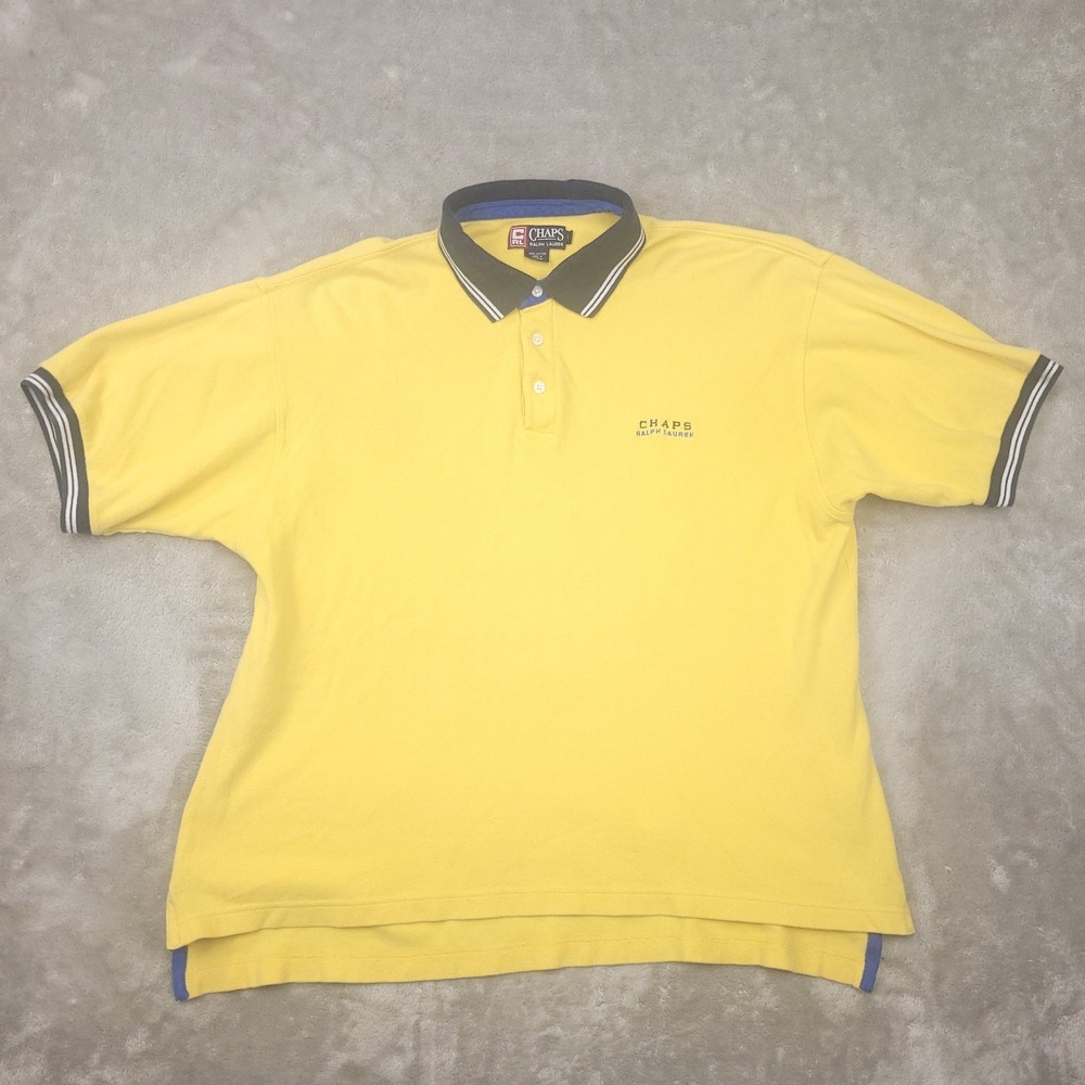 Chaps Ralph Lauren Vintage Yellow Blue Trim Short Sleeve Polo Shirt size Large